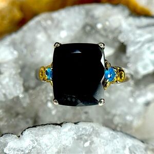 “NightGlow” Divine Gold Accented Black Jade & Neon Apatite Ring! 💎 - SIZE (7)